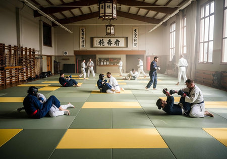 Taekwondo training in the hall of a Japanese school.