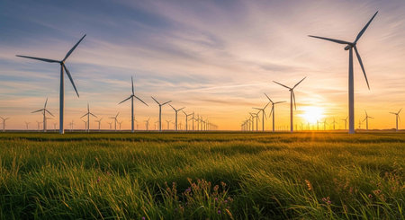 Wind turbines in a rice field at sunset, Zaragoza Province, Aragon, Spain.