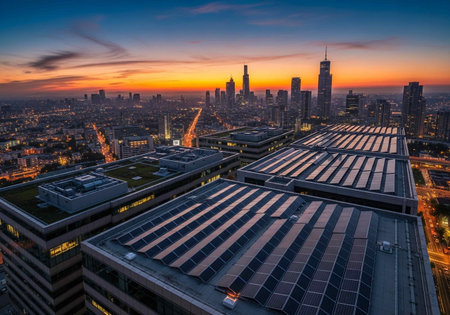 Aerial view of a city at sunset