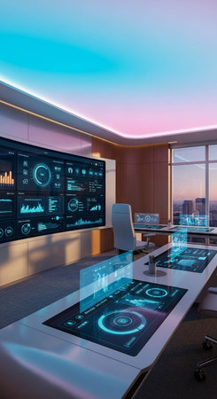 3d rendering of modern office interior with panoramic windows and city viewの写真素材