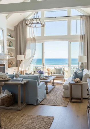 Luxury living room interior with sea view. Northwest, USAの写真素材