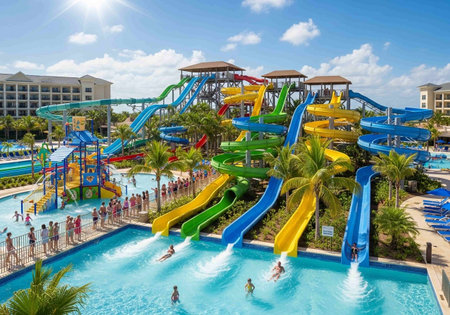 People enjoying water slides at a theme park.