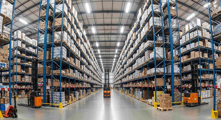 Warehouse interior with rows of shelves and boxes. Industrial and industrial background