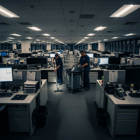 High angle view of two workers cleaning computers in modern open space officeの写真素材