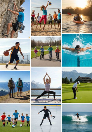 Collage of different sports activities in the mountains. Collage of sports activities.の写真素材