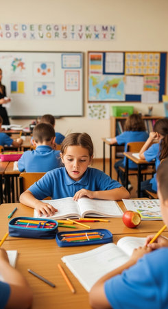 Cute schoolgirl writing in notebook while sitting at desk in classroomの写真素材