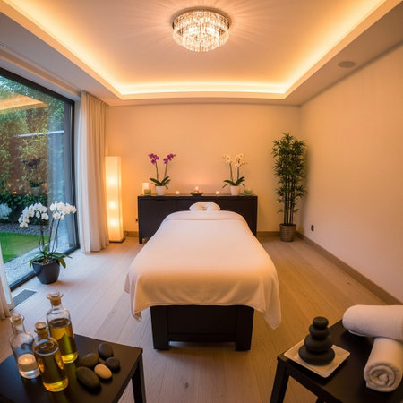 Spa massage room interior with massage table, towel, candles and flowersの写真素材