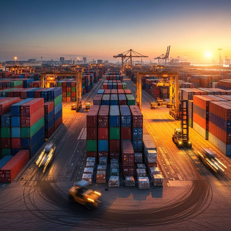 Container Cargo freight ship with working crane bridge at dusk for Logistic Import Export background