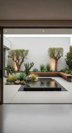 Interior of a modern apartment, swimming pool and succulent plantsの写真素材