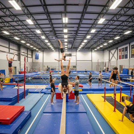 Side view of a group of women practicing acrobatics at a gymの写真素材