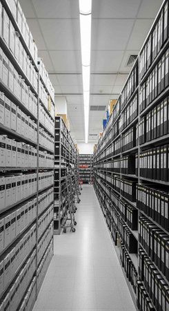 interior of a large data center with shelves for storing dataの写真素材
