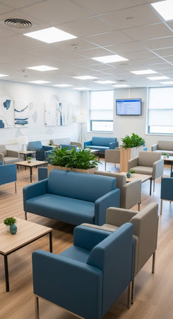 Interior of a modern office lobby with blue sofas and chairs