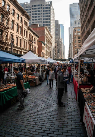 Unidentified people walking at the street market.の写真素材