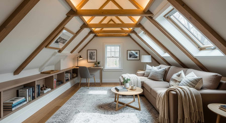 Interior of an attic living room with wooden beams, sofa and coffee tableの写真素材