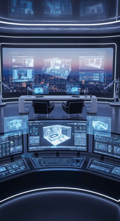 control room in a space station with a view of the night cityの写真素材