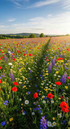 Field of wild flowers and blue sky in summer. Landscape.