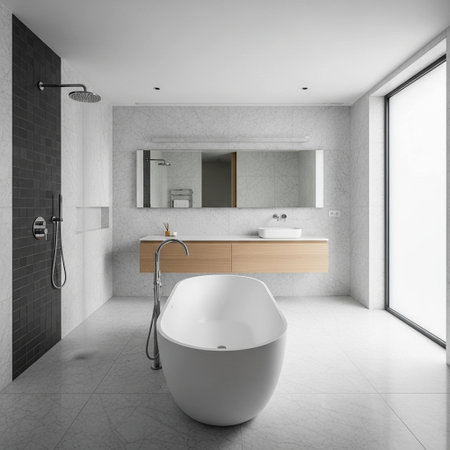 Interior of modern bathroom with white and gray walls, tiled floor, white bathtub and shower. 3d renderingの写真素材