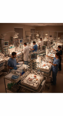 Aerial view of a newborn baby boy in a hospital ward.の写真素材