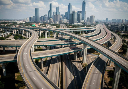Aerial view of highway junction and city skyline in Shanghai, China