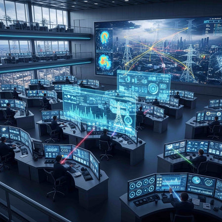 3D rendering of a computer room with a lot of monitors, screens and peopleの写真素材