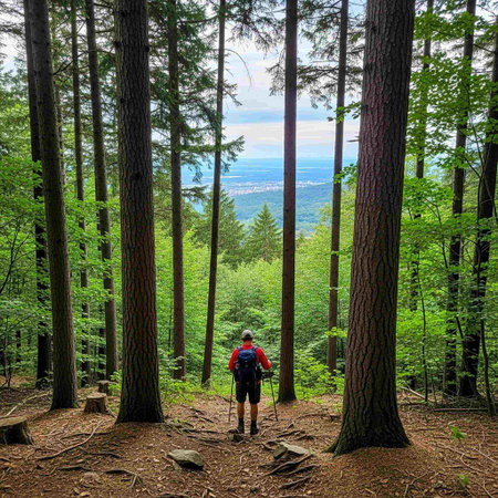 Hiker in Redwood Forest, Shenandoah National Park, Virginiaの写真素材