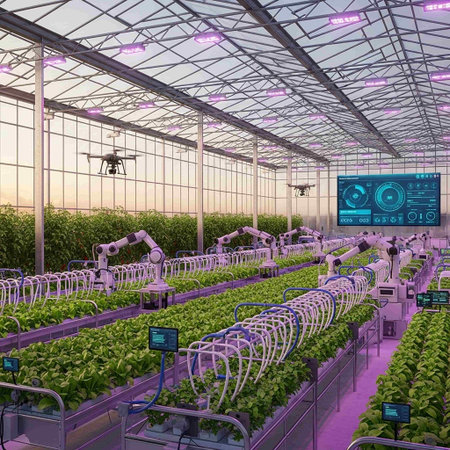 3d rendering of a greenhouse with a variety of plants and robots