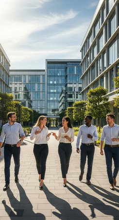 Multiethnic group of business people walking together in front of office buildingの写真素材