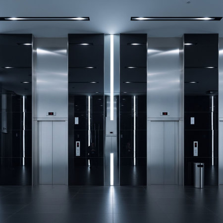 Modern elevator interior with glass doors and glowing lights. 3d rendering
