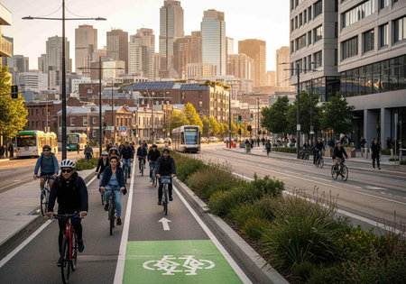 People ride bicycles in downtown Chicago.の写真素材