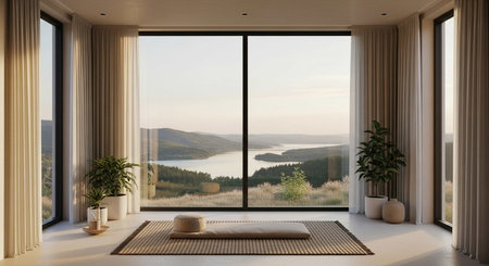 3d render of a living room with a large window overlooking the lake