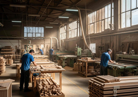 Carpenter working in a carpentry workshop. Woodworking industryの写真素材