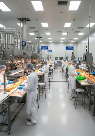 Workers are working in a food processing factory in Milan.