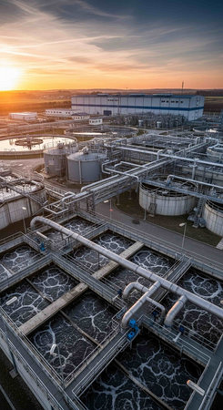 Aerial view of oil refinery at sunset in Rotterdam, Netherlands