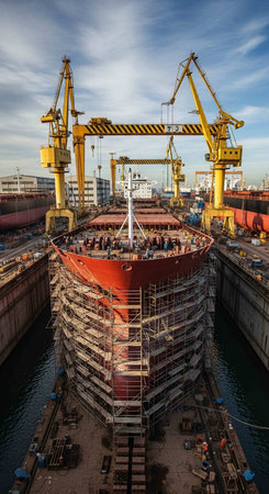 Cargo terminal for loading bulk cargo of iron ore by ship cranes and grabs.の写真素材