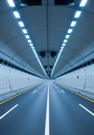 Empty tunnel with light at the end of the tunnel, perspective view