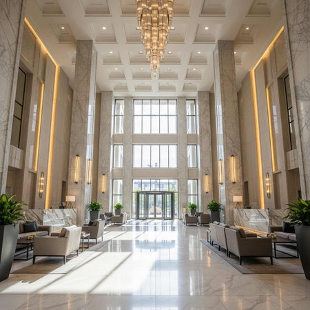 Luxury hotel lobby interior with large windows and white marble floorの写真素材