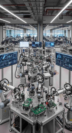 3d rendering of industrial robot working in factory. Automation system