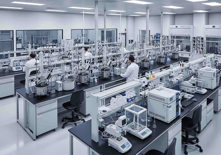 scientists working in a modern laboratory. 3d rendering, toned image