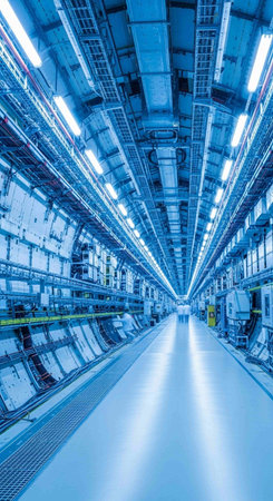 Modern automated production line in factory. Industrial background. Blue toned