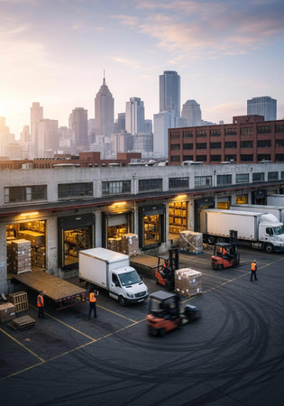 Cargo loading and unloading at warehouse with modern cityscape background.の写真素材