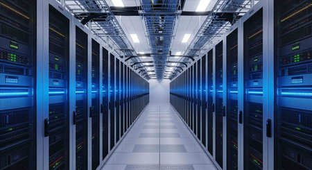 Server room data center. Backup, mining, hosting, mainframe and computer rack with storage information. 3d renderの写真素材