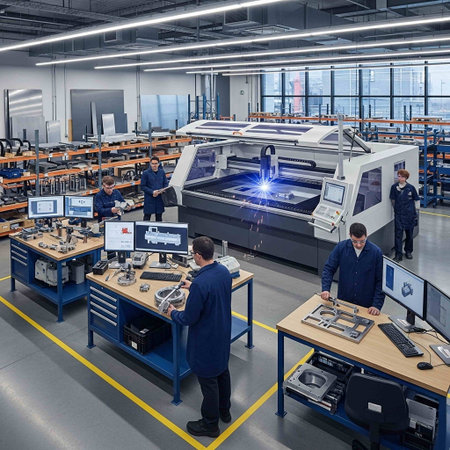 High angle view of a group of people working in a modern factory