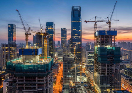 Aerial view of a construction site with cranes in Shanghai, Chinaの写真素材