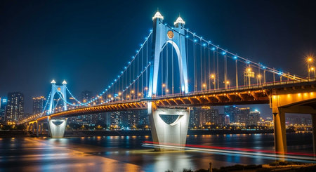 Tsing Ma Bridge at night in Hong Kong, China.