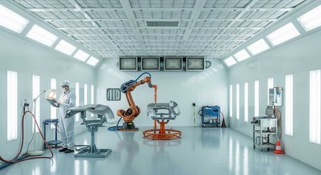 3d rendering of a robot working in a modern factory with a robotic armの写真素材