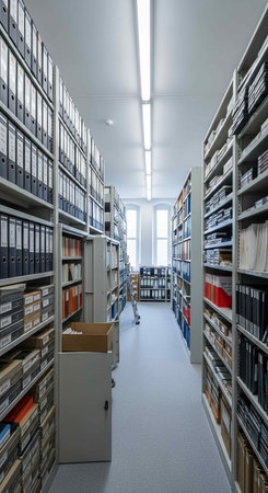 Interior of a modern library with shelves full of books and foldersの写真素材