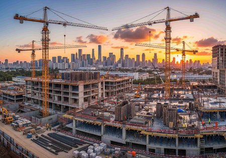Aerial view of construction site with cranes and buildings at sunsetの写真素材
