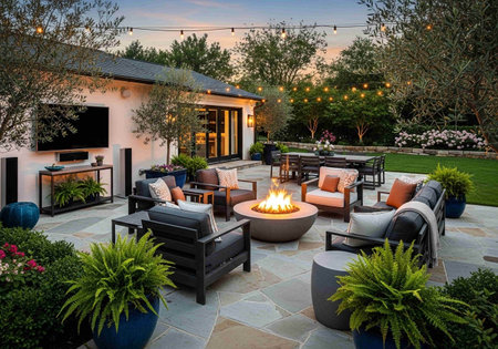 Luxury outdoor patio with patio furniture and fireplace at night.