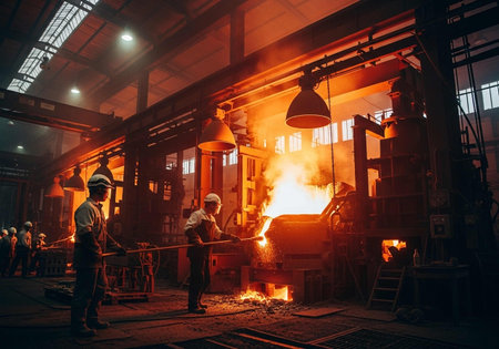 Steelmaking factory, workers working in metallurgical plant, heavy industryの写真素材