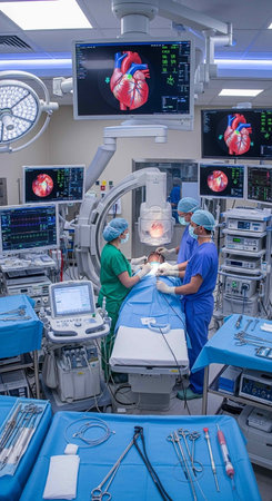 Surgeons in operating room with surgery equipment. Group of surgeons in operating room with surgery equipment.の写真素材